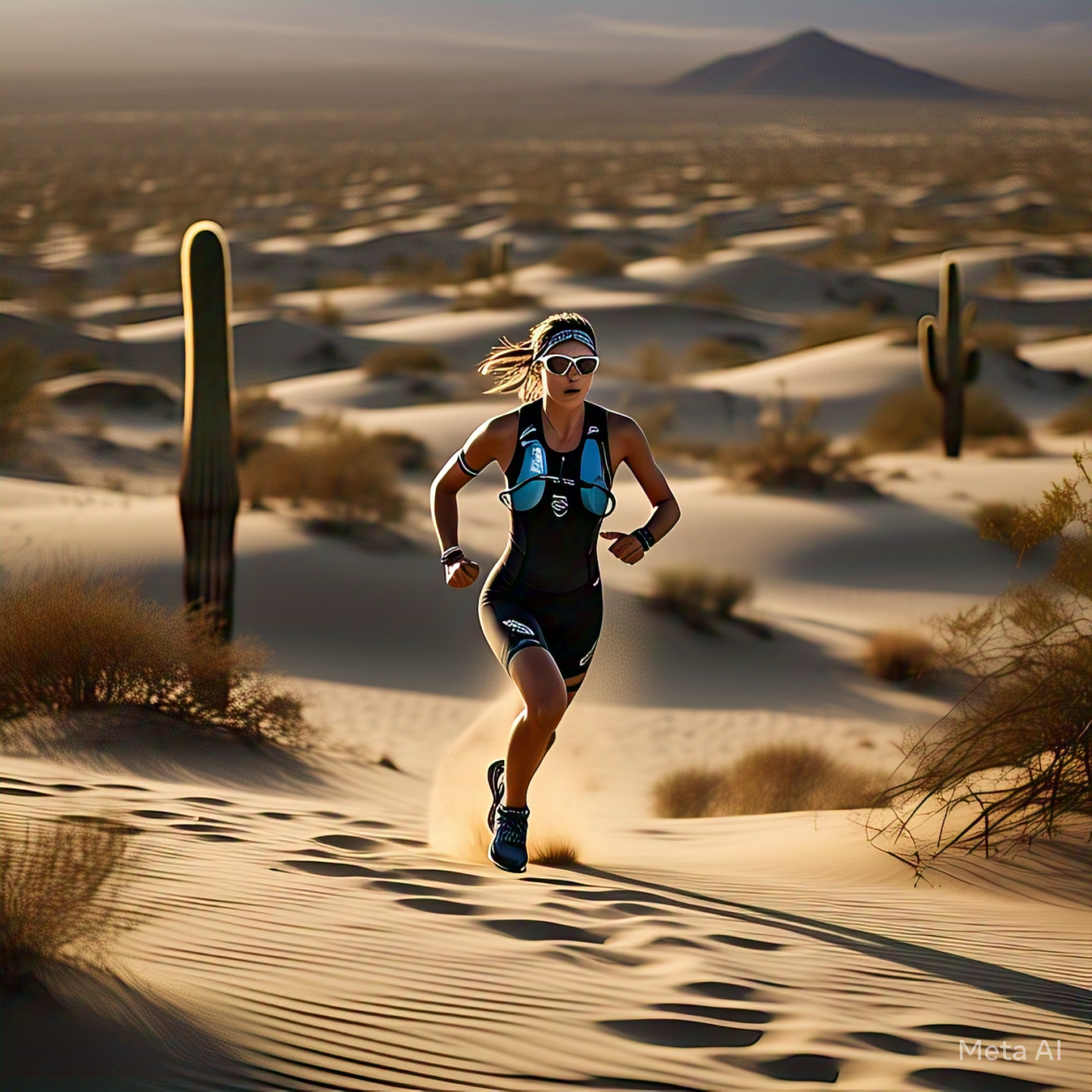 Triatleta corriendo en el desierto